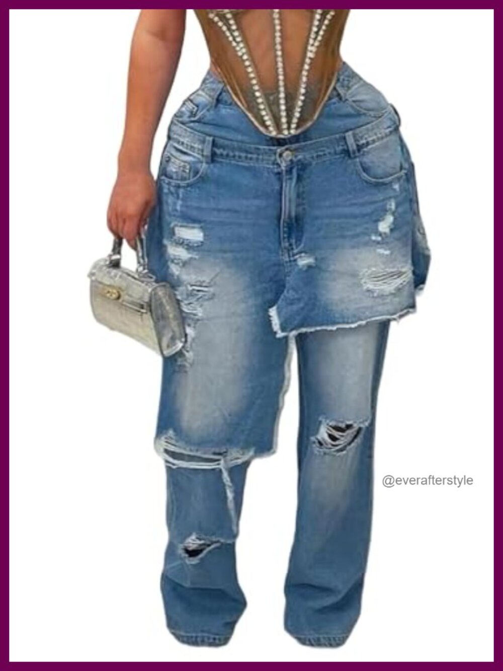 Women's High Waisted Ripped Wide Leg Patchwork Baggy Boyfriend Cargo Denim Jeans